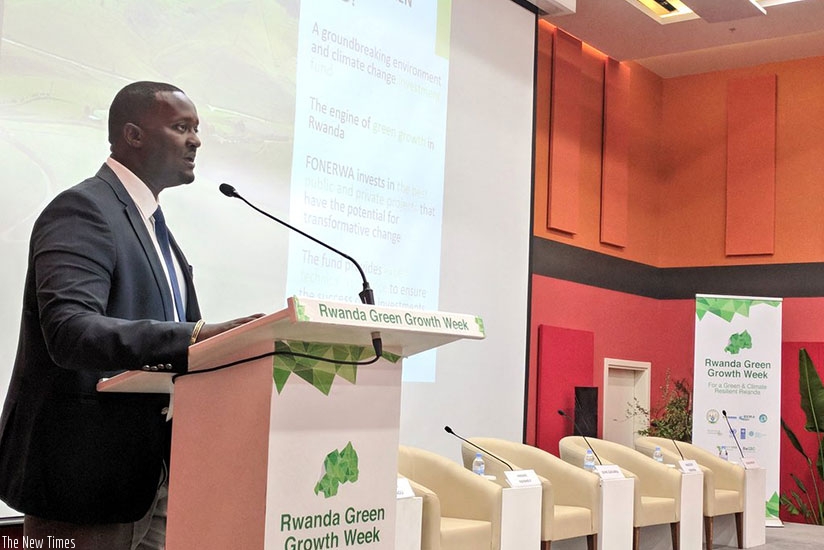 Hubert Ruzibiza, FONERWA CEO, speaks at the event. Michel Nkurunziza.