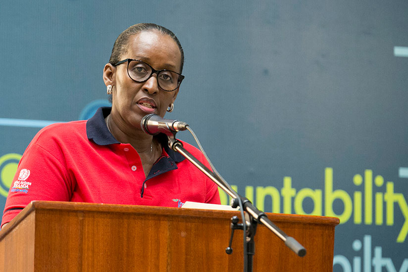 First Lady and Chairperson of Imbuto Foundation, Mrs Jeannette Kagame delivering the opening remarks during the Youth Forum Series themed Beyond This Moment 2.0  which was held in ....