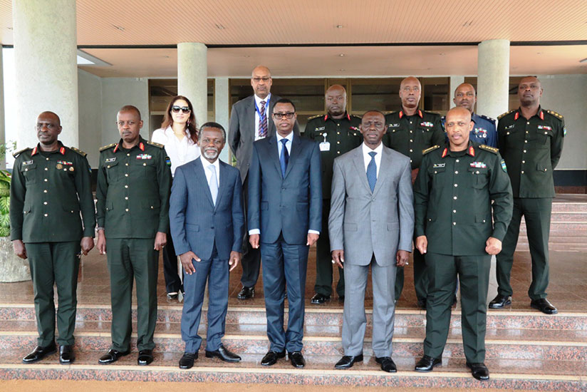 The visiting UN delegation in a group photo with Kabarebe, Gen Nyamvumba and other senior RDF officers shortly after their meeting in Kigali yesterday. / Courtesy