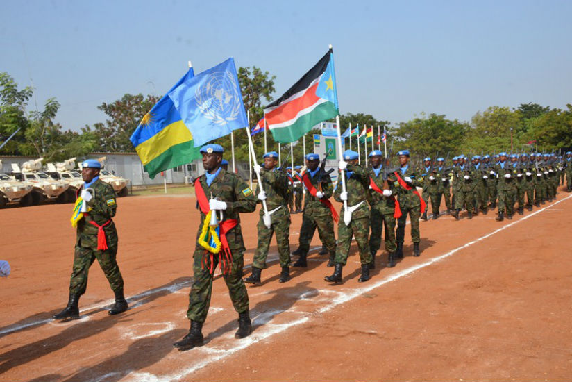 RDF peacekeepers mount a parade during the medal awarding ceremony in South Sudan. / Courtesy