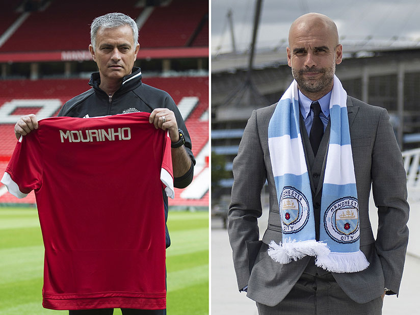 Manchester City's manager Pep Guardiola (L) and Manchester United's manager Jose Mourinho will meet on the pitch for the toughest test of their Premier League title credentials so ....