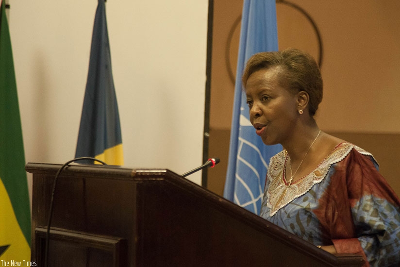 Mushikiwabo speaks at the meeting yesterday.