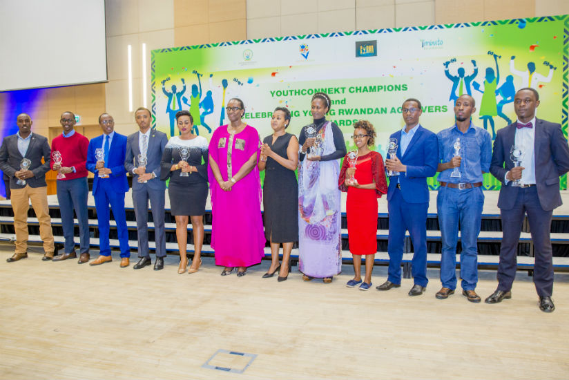 First Lady Jeannette Kagame joins this year's awardees of the YouthConnekt Champions and Celebrating Young Rwandan Achievers awards during the event. / Courtesy
