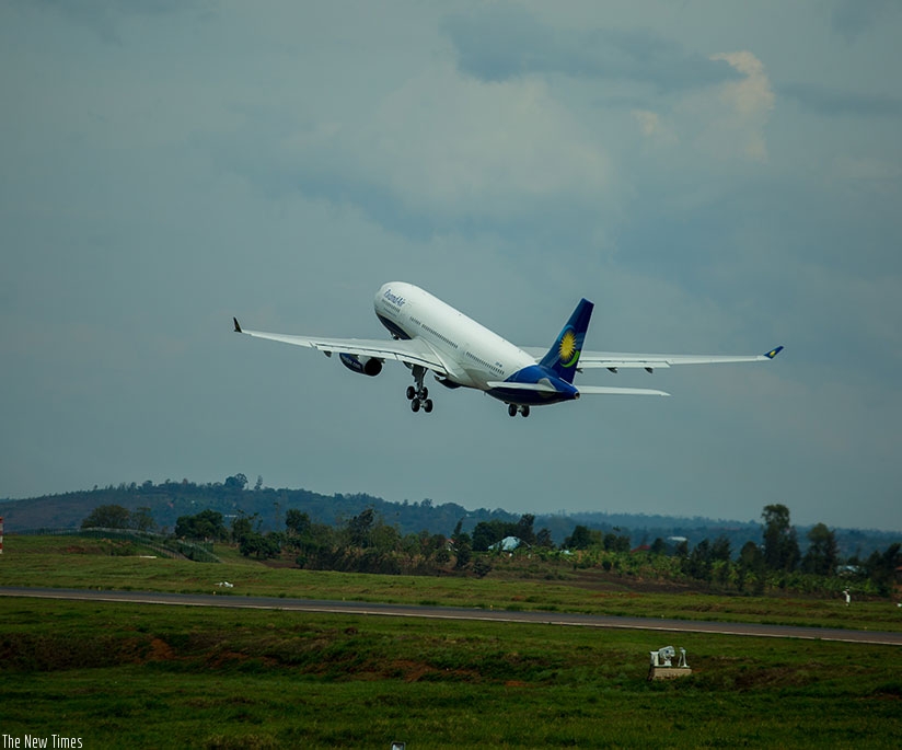 A RwandAir plane after take off at Kigali International Airport. Aviation sector has huge potential to create new jobs.