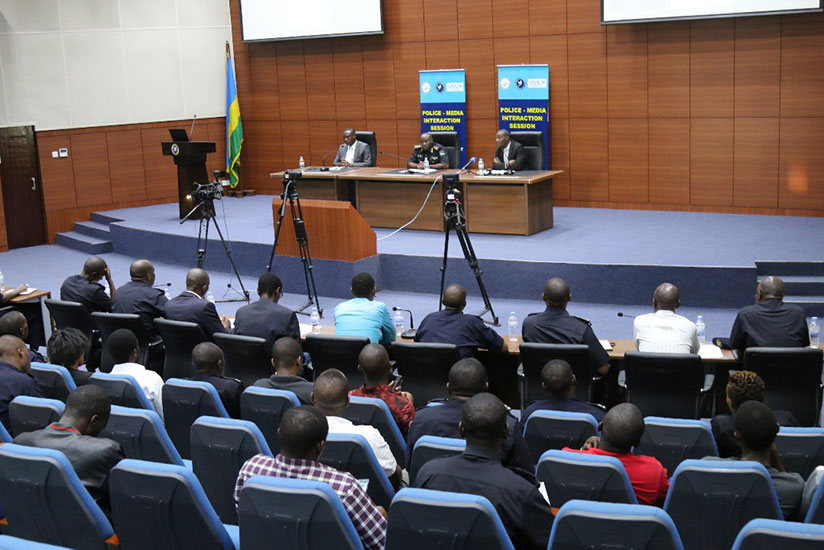 IGP Emmanuel K. Gasana (C) speaking during the Police-media interaction session, yesterday. / Courtesy