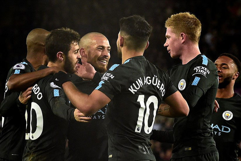 Bernardo Silva, Fernandinho and Co celebrate with the Spaniard after his goal put them into a 1-0 lead on Wednesday.