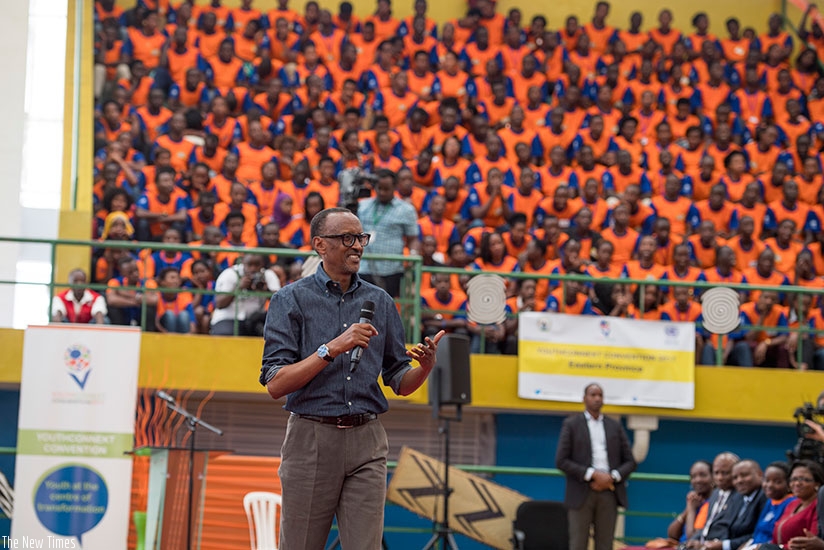 President Kagame addresses the youth at the YouthConnekt Convention 2017 at Petit Stade in Remera, Kigali ,yesterday. Village Urugwiro.