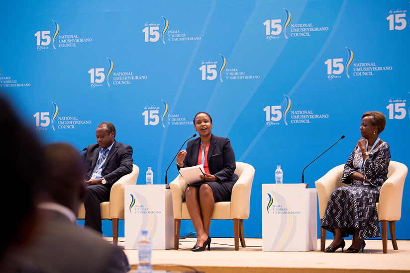 (L-R): State Minister for Economic Planning, Dr Uzziel Ndagijimana, RDB CEO Clare Akamanzi, and Foreign Affairs Minister, Louise Mushikiwabo during the panel discussion at the ongo....