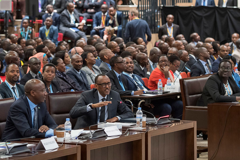 President Kagame speaks during deliberations at the National Dialogue Council (Umushyikirano) at Kigali Convention Centre yesterday. Looking on, left, is Primier Dr Edouard Ngirent....