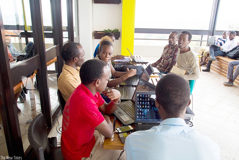 Software developers at K-Lab, a hub for startups, in Kigali. File .