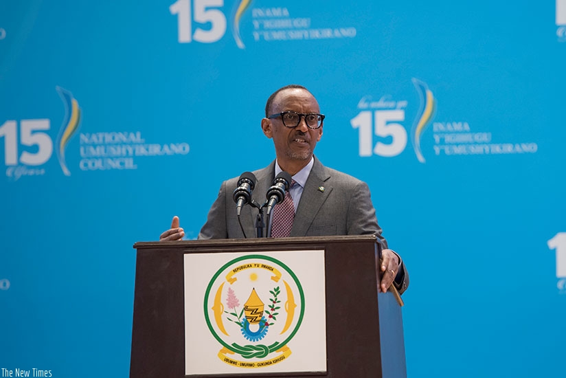 President Kagame addresses the 15th Umushyikirano at the official closure of the annual gathering at Kigali Convention Centre yesterday. Village Urugwiro. 