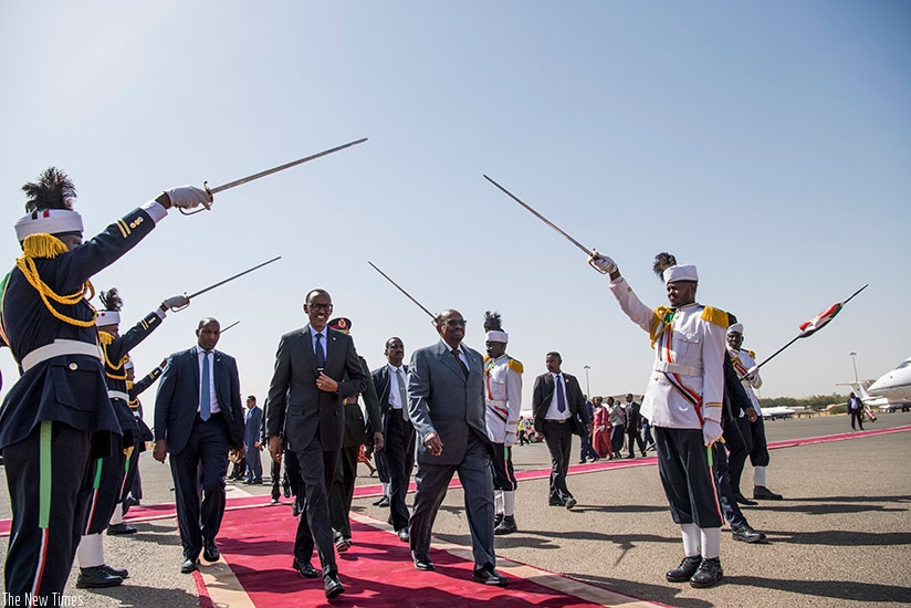 President Kagame was received by his counterpart Omar al-Bashir at Khartoum International Airport as he began his two-day state visit to Sudan yesterday. Village Urugwiro.