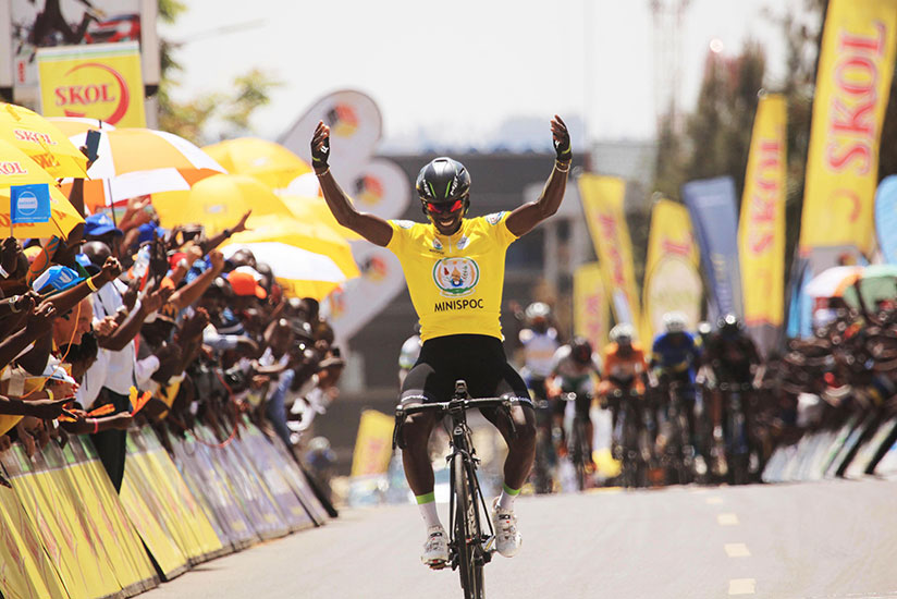 Tour du Rwanda 2017 winner Joseph Areruya celebrates the victory as he crossed the finish line in the final stage. / Sam Ngendahimana