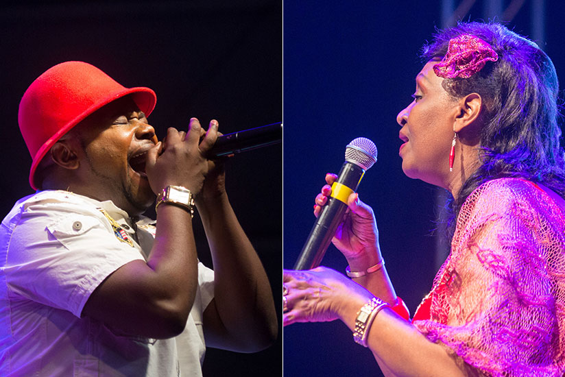 Kidumu and Kayirebwa (R) during his performance at the stage of the Rwanda Konnect Gala concert yesterday at PSF Gikondo Expo Ground. / Faustin Niyigena