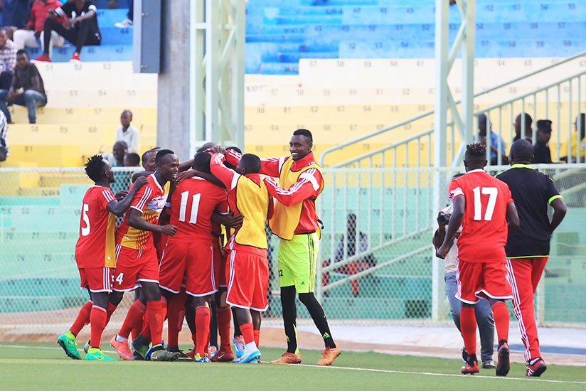 Musanze FC players celebrate their goal. (All photos by Sam Ngendahimana)