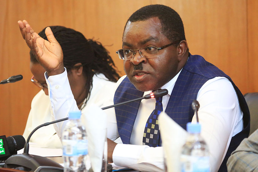 Trade and Industry minister Vincent Munyeshyaka speaks to the media in Kigali yesterday .Sam Ngendahimana