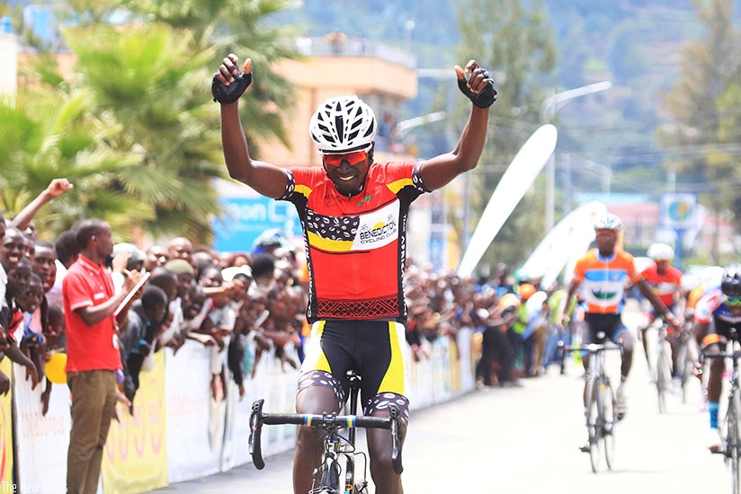 Benediction Club rider Byukusenge Patrick celebrates his victory in Rwanda Cycling cup in Musanze. S. Ngendahimana.
