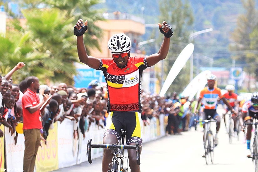 Benediction Club rider Byukusenge Patrick celebrates his victory in Rwanda Cycling cup in Musanze. S. Ngendahimana.