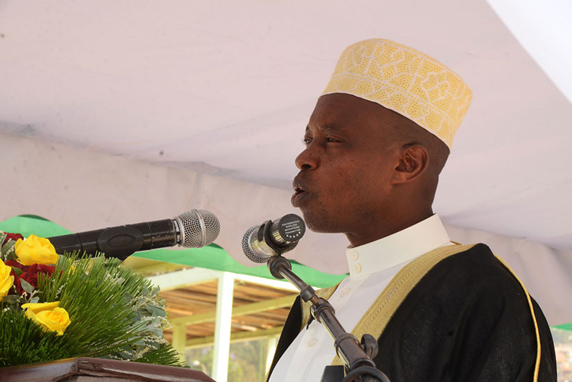 Mufti Sheikh Salim Hitimana speaks during Eid al-Fitr prayers early this year. The Mufti and other clerics have called on Rwandans to work hard so that the country's development ag....