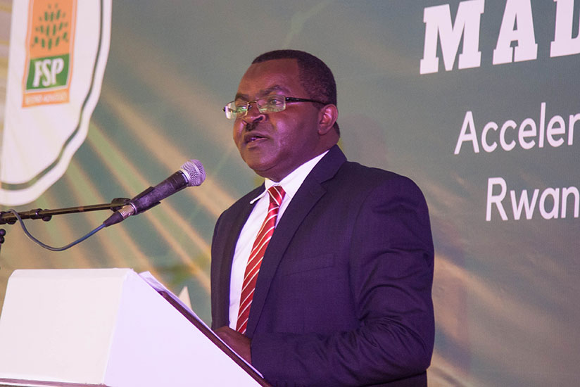 Trade and Industry minister Vincent Munyeshyaka speaks during the official opening of made in Rwanda expo recently. / Nadege Imbabazi