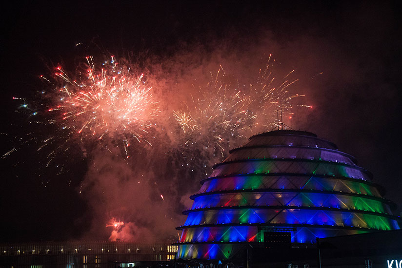 Fireworks explode at Kigali Convention Centre. Nadege Imbabazi.