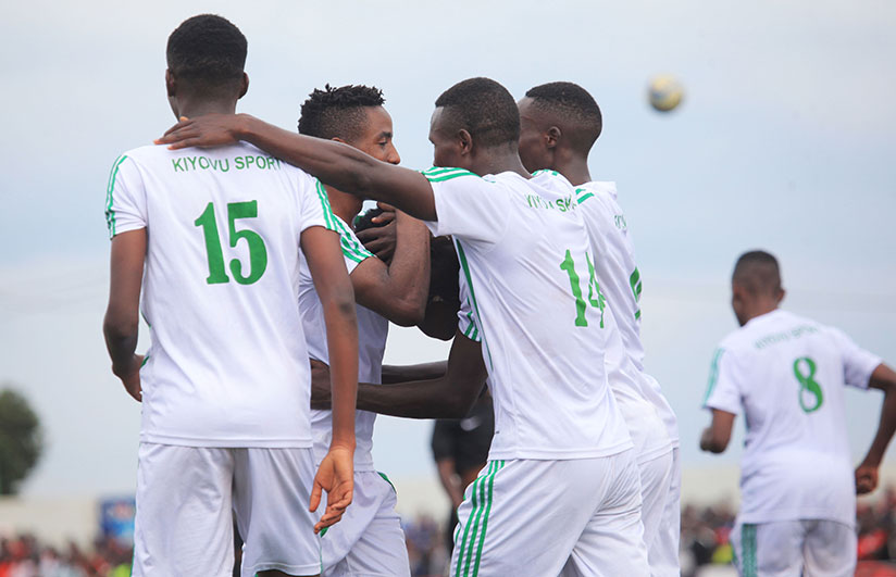 SC Kiyovu players, who ended the year at the top of the table, celebrate their goal during the league match against APR FC. / Sam Ngendahimana