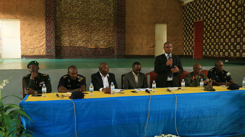 State Minister in the Ministry of Health, Dr. Patrick Ndimubanzi addressing local leaders, elders, religious leaders and teachers on fighting illicit drugs. 
