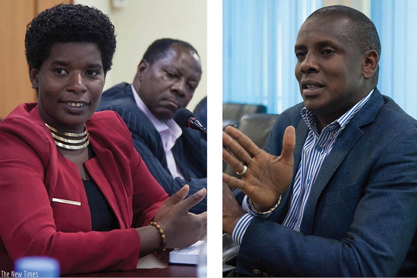 Burera District mayor Uwambajemariya (L) and Noguchi board chair Ibariza during the meeting on Tuesday. (Nadege Imbabazi)