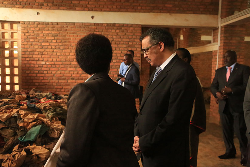 Dr. Tedros Adhanom Ghebreyesus at Nyamata Genocide Memorial where he paid his respects to the victims of the Genocide against the Tutsi, on Thursday. / Sam Ngendahimana