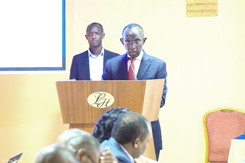 CJ Rugege speaks at the meeting in Kigali yesterday. Timothy Kisambira. 