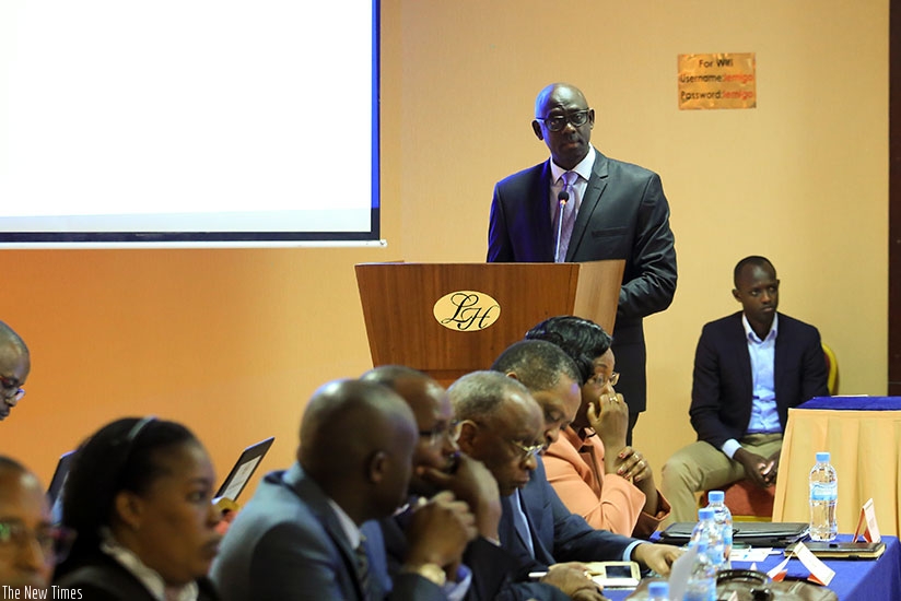 Busingye delivers his remarks during the meeting in Kigali yesterday. T. Kisambira.