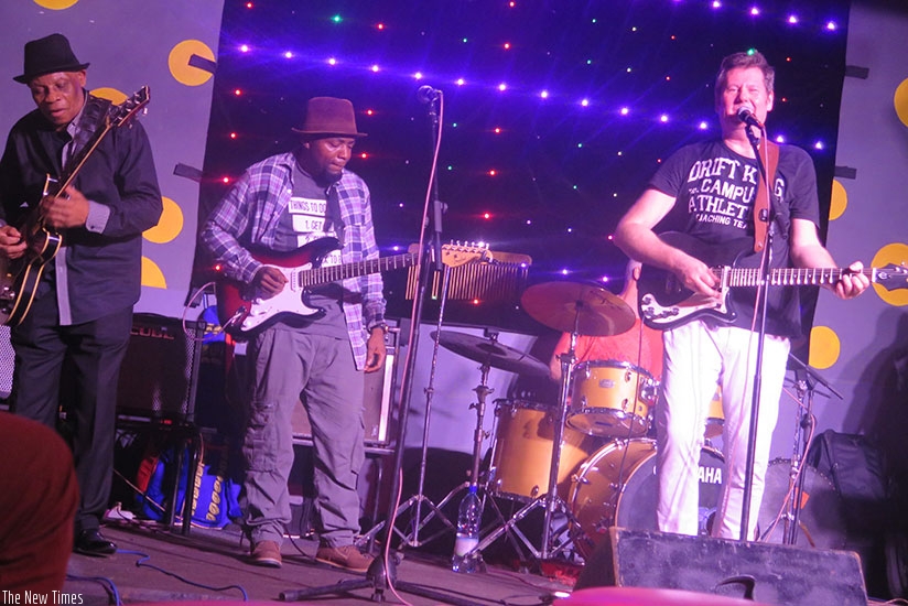 L-R: Mzeei, Mike Safari and Ady Cruse shared the stage at the inaugural Rock & Fresh Kigali show on Saturday./Eddie Nsabimana