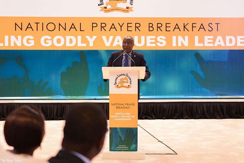 Prime Minister Edouard Ngirente speaks during the thanksgiving National Prayer Breakfast at the Kigali Convention Centre yesterday. (Photos by Nadege Imbabazi)