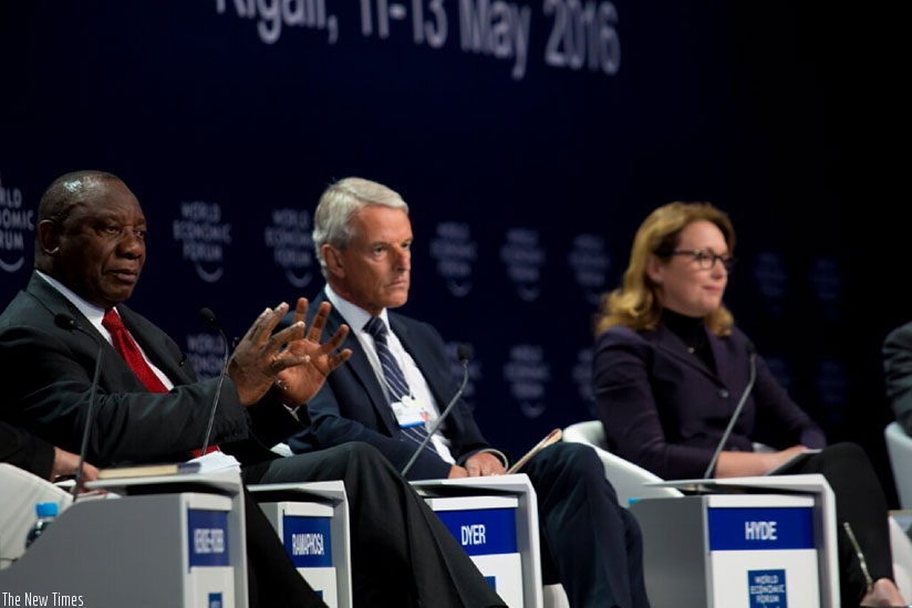 Cyril M. Ramaphosa, the Deputy President of South Africa, speaks as Colin Dyer, President and Chief Executive Officer, JLL-USA, and Dana Hyde, CEO Millenium Challlenge Corporation ....