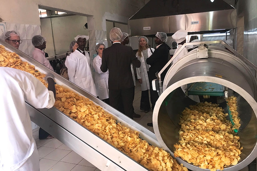 Officials observe the production process inside the potato processing plant in Musanze yesterday. (Photos by Jean d'Amour Mbonyinshuti)