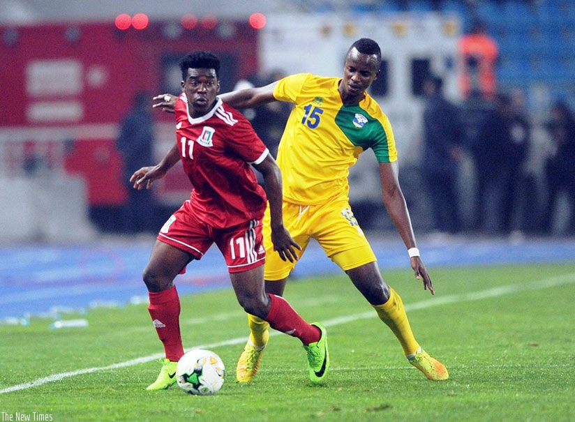 Faustin Usengimana (right) and Thierry Manzi (not in picture) marshalled Amavubi defence quite impressively. / Courtesy.