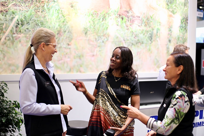 Rwanda's envoy to the Nordic countries Amb. Christine Nkulikiyinka speaking with tour operators at Matka Nordic Travel Fair in Helsinki.