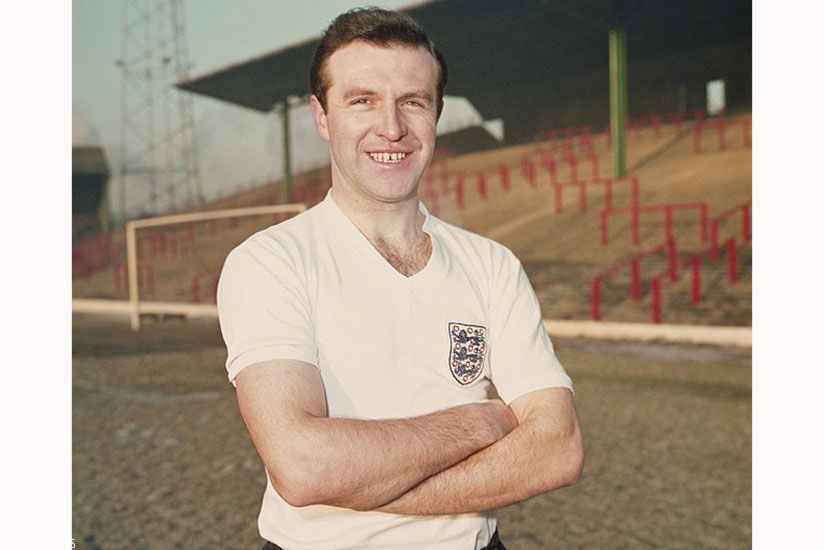 Armfield poses in an England shirt at Blackpool's Bloomfield Road stadium in 1962. 