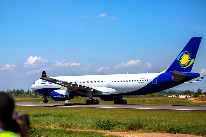RwandAir's Airbus A330-300 prepares to took off from Kigali International Airport heading to Gatwick International Airport in May 2017. (File)