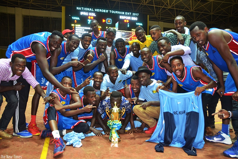 IPRC Kigali BBC players celebrate the crucial win against Espoir BBC 76-65 to win Heroes Cup 2017. Sam Ngendahimana.