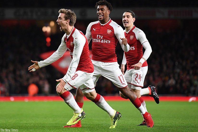 Nacho Monreal, whose initial header sparked a double deflection off Marcos Alonso and Rudiger, wheels away to celebrate. (Net photo)