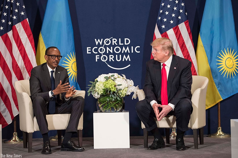 President Kagame and US President Donald Trump during their meeting on the sidelines of the World Economic Forum in Davos, yesterday. (Photos by Village Urugwiro)