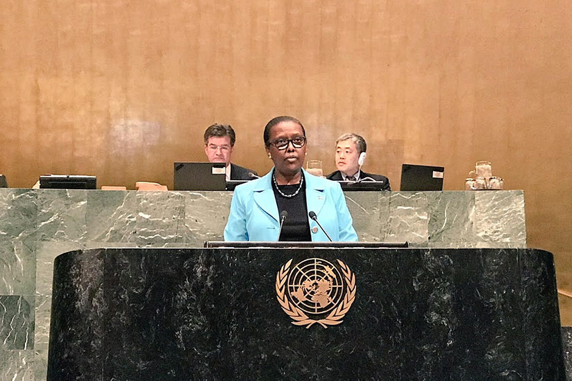 Amb. Valentine Rugwabiza, Rwanda's Permanent Representative to the UN speaks at the summit on Friday. / Courtesy