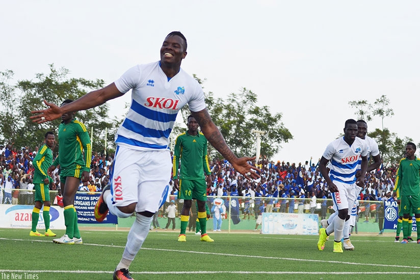 Rayon Sports defender Abdul Rwatubyaye celebrates a goal against Marine FC last season. (Sam Ngendahimana)