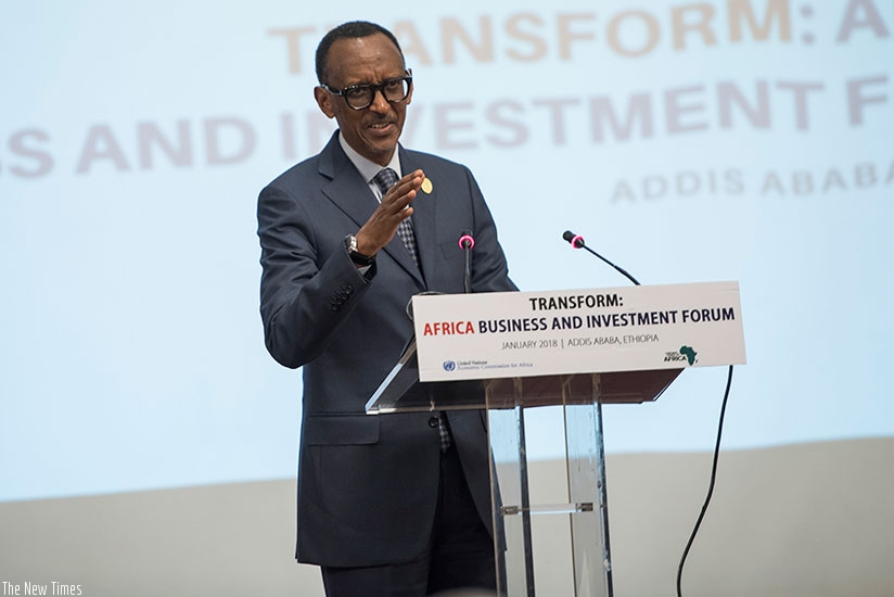 President Kagame addresses the Africa Business and Investment Forum in Addis Ababa, Ethiopia on Tuesday. (Village Urugwiro)