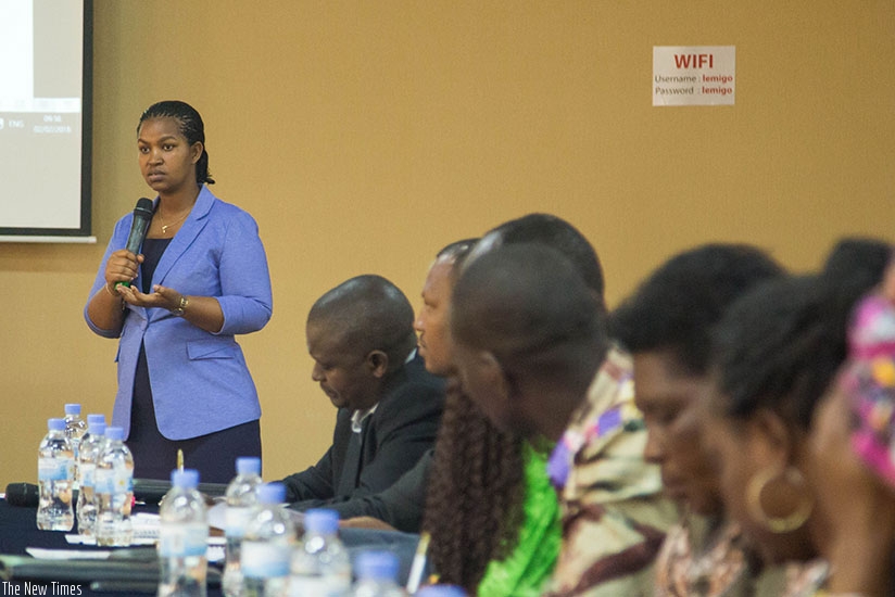 Judith Kazayire, the in charge of service delivery and governance at RGB, speaks during the launch of the campaign, dubbed u2018Nku2019uwikorerau2019, in CSOs yesterday. Nadege Imbabazi.