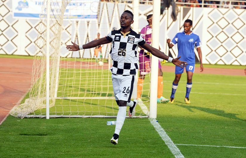 Striker Issa Bigirimana celebrates after netting APR's second goal in the 77th minute in the 2-1 win over Rayon Sports. / Courtesy