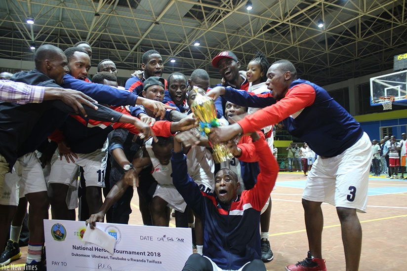 REG players celebrating after overcoming Patriots on Sunday night at Amahoro Indoor stadium. (Photos by Richard Bishumba)
