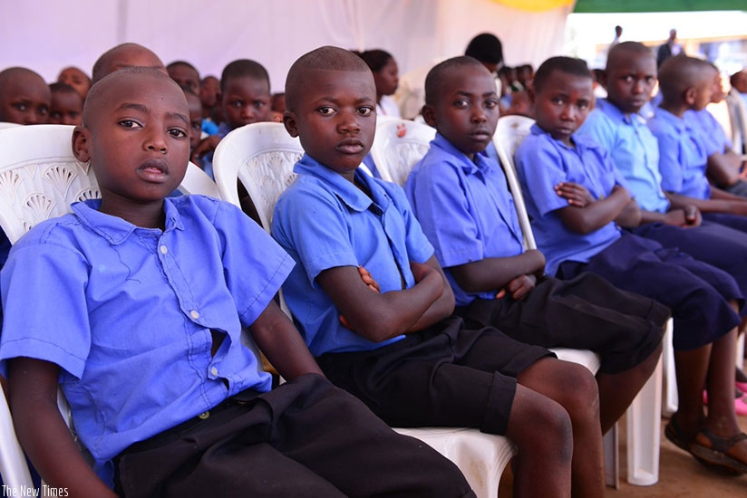 Pupils of Kagorogoro Primary School in Gicumbi District during the official launch of the education quality enhancement awareness campaign yesterday. Courtsey. 