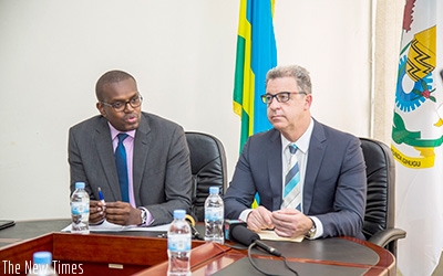 Prosecutor General Mutangana together with Chief Prosecutor of the Mechanism for International Criminal Tribunals (MICT), Dr Serge Brammetz, brief the media in Kigali on Tuesday. E Mpirwa. 